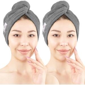 American Soft Linen 100% Cotton Hair Towels for Women, Head Towel Cap, Cotton Hair Turban Towel Wrap for Long Curly Anti Frizz Hair, Soft and Absorbent Cotton Hair Towels 2 Pack, Beige(Dark Gray)