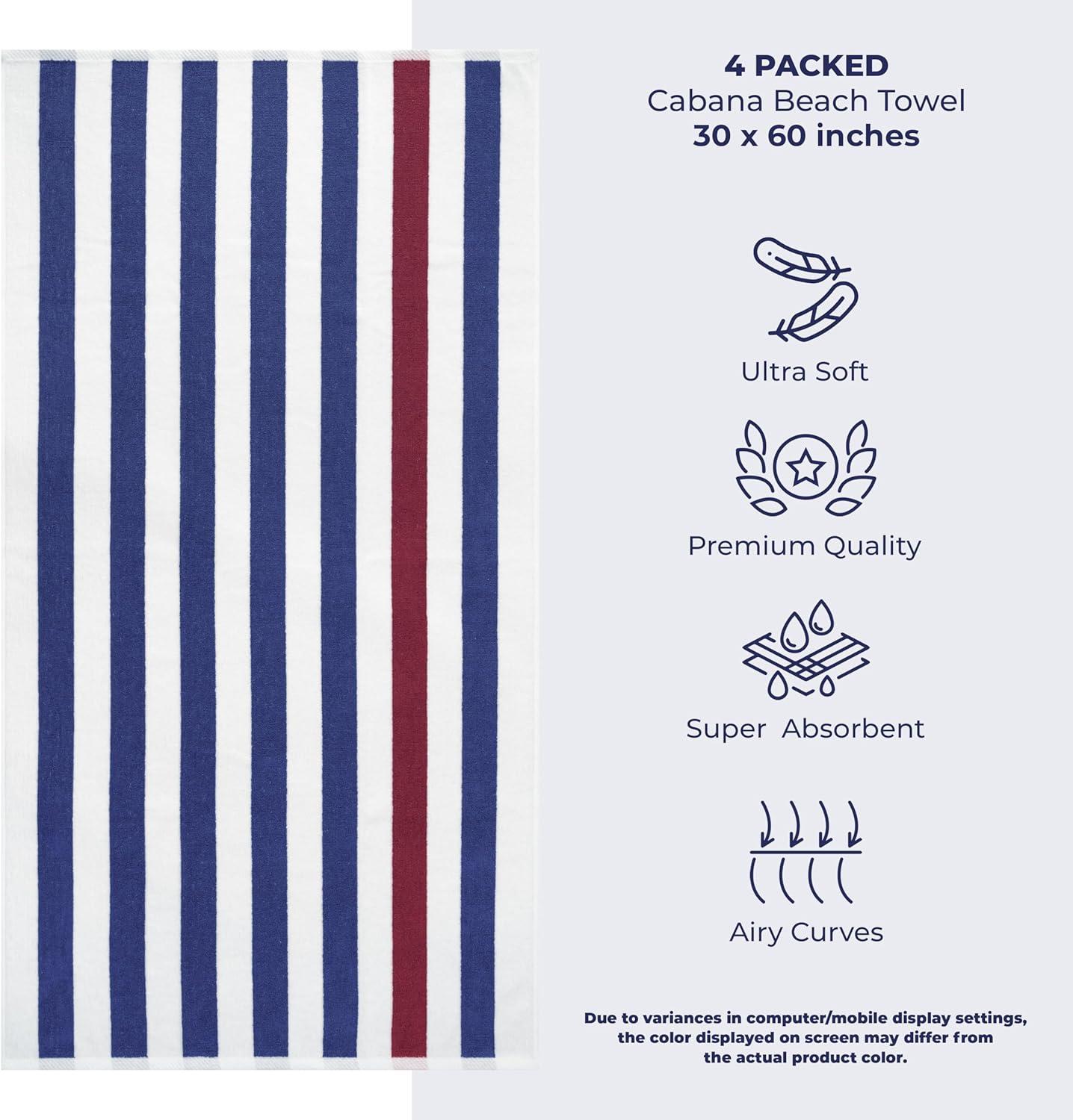 imageAmerican Soft Linen Cabana Striped Beach Towels 30x60 inch 4 Piece Oversize Pool Towels Quick Drying Sand Free Swim Towels GrayNavy Bluebordeaux