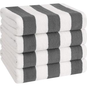 American Soft Linen Cabana Striped Beach Towels, 30×60 inch 4 Piece Oversize Pool Towels, Quick Drying Sand Free Swim Towels, Gray(Dark Grey)
