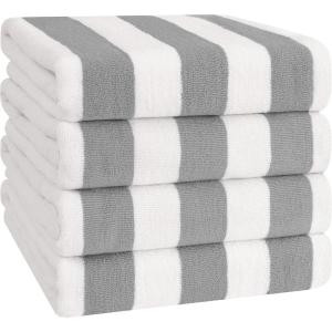 American Soft Linen Cabana Striped Beach Towels, 30×60 inch 4 Piece Oversize Pool Towels, Quick Drying Sand Free Swim Towels, Navy-Sky Blue(Rockridge Grey)