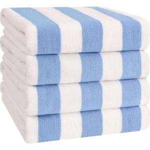 American Soft Linen Cabana Striped Beach Towels, 30×60 inch 4 Piece Oversize Pool Towels, Quick Drying Sand Free Swim Towels, Navy-Sky Blue(Sky Blue)