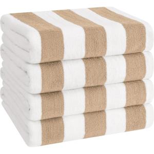 American Soft Linen Cabana Striped Beach Towels, 30×60 inch 4 Piece Oversize Pool Towels, Quick Drying Sand Free Swim Towels, Rockridge Grey(Beige)