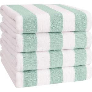 American Soft Linen Cabana Striped Beach Towels, 30×60 inch 4 Piece Oversize Pool Towels, Quick Drying Sand Free Swim Towels, Rockridge Grey(Mint)