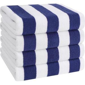 American Soft Linen Cabana Striped Beach Towels, 30×60 inch 4 Piece Oversize Pool Towels, Quick Drying Sand Free Swim Towels, Rockridge Grey(Navy Blue)