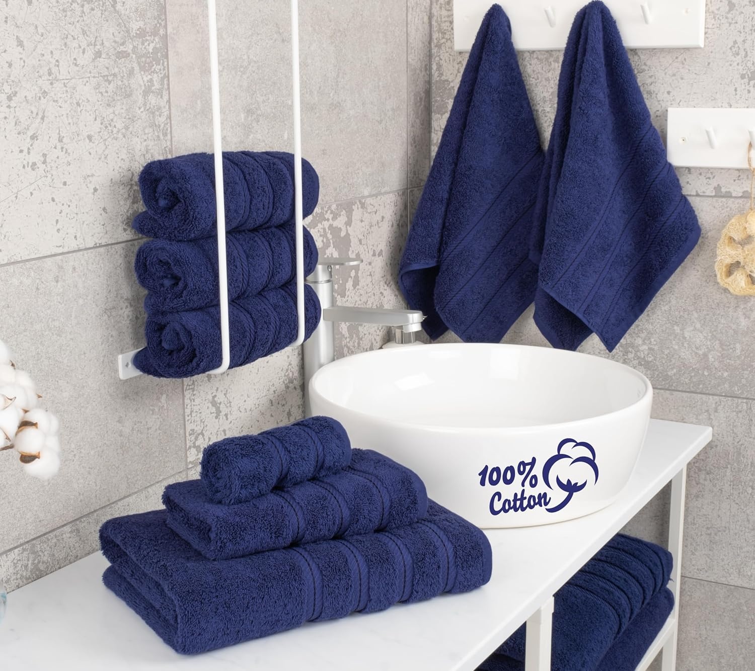 image:imageAmerican Soft Linen 100 Cotton Luxury Turkish Towels 4 PC Hand Towel Set Soft Absorbent Quick Dry OEKO Tex Standard 100 Certificated Durable Machine Washable Breathable Premium Hotel QualityNavy Blue