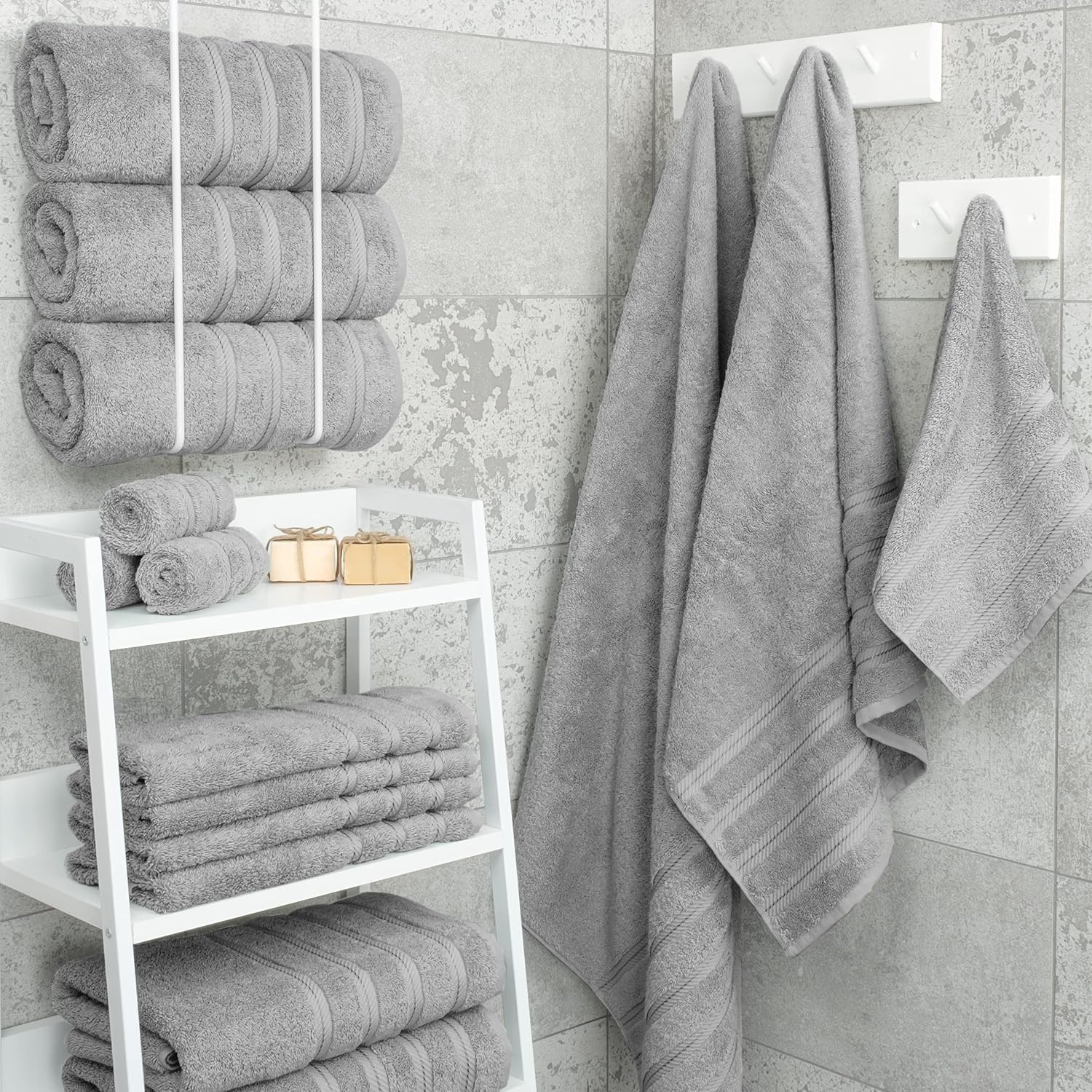 image:imageAmerican Soft Linen 100 Cotton Luxury Turkish Towels 4 PC Hand Towel Set Soft Absorbent Quick Dry OEKO Tex Standard 100 Certificated Durable Machine Washable Breathable Premium Hotel QualityLight Grey