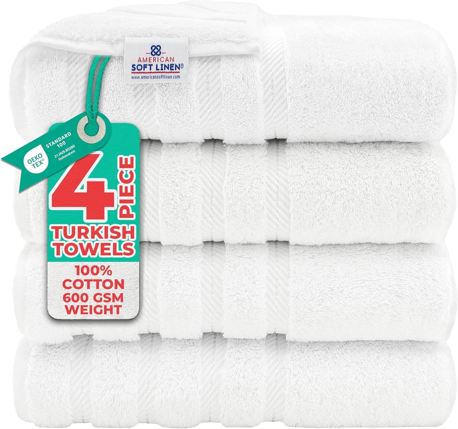 image:imageAmerican Soft Linen 100 Cotton Luxury Turkish Towels 4 PC Hand Towel Set Soft Absorbent Quick Dry OEKO Tex Standard 100 Certificated Durable Machine Washable Breathable Premium Hotel QualityBright White