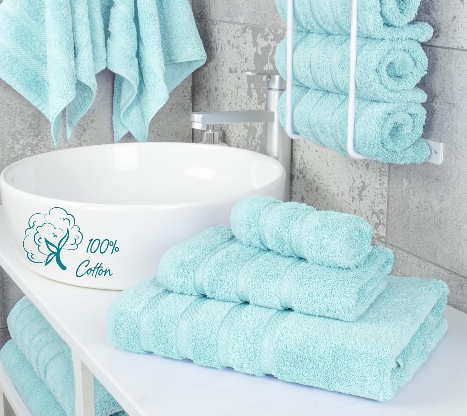 image:imageAmerican Soft Linen 100 Cotton Luxury Turkish Towels 4 PC Hand Towel Set Soft Absorbent Quick Dry OEKO Tex Standard 100 Certificated Durable Machine Washable Breathable Premium Hotel QualityDuck Egg Blue