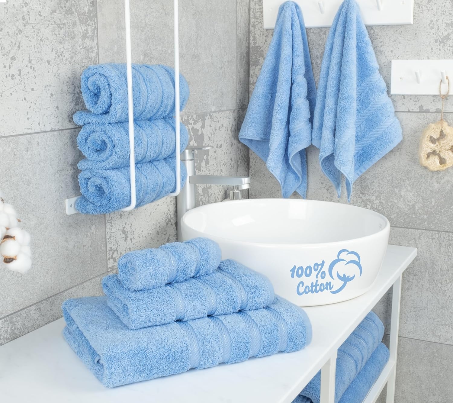 image:imageAmerican Soft Linen 100 Cotton Luxury Turkish Towels 4 PC Hand Towel Set Soft Absorbent Quick Dry OEKO Tex Standard 100 Certificated Durable Machine Washable Breathable Premium Hotel QualitySky Blue