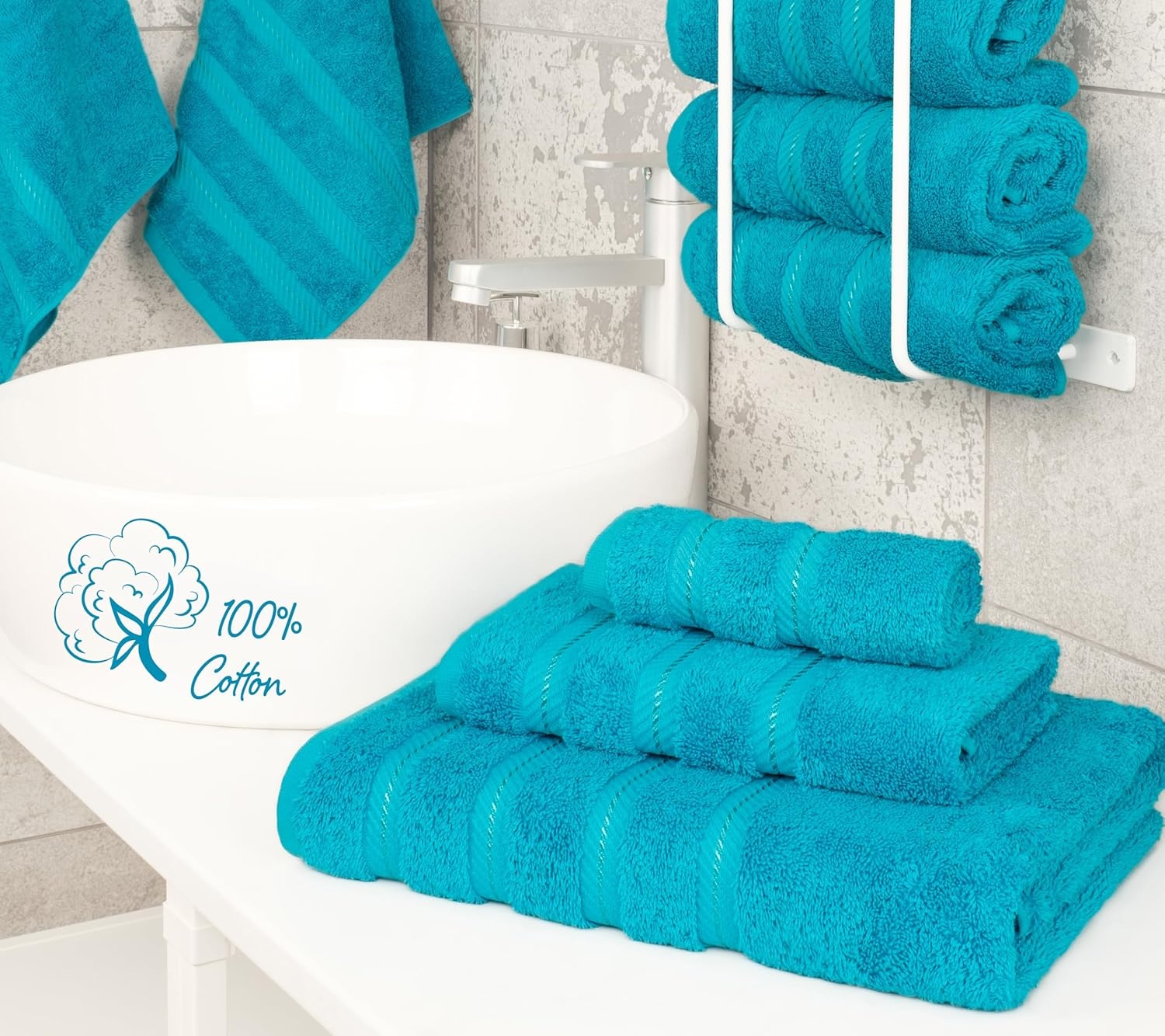 image:imageAmerican Soft Linen 100 Cotton Luxury Turkish Towels 4 PC Hand Towel Set Soft Absorbent Quick Dry OEKO Tex Standard 100 Certificated Durable Machine Washable Breathable Premium Hotel QualityAqua Blue