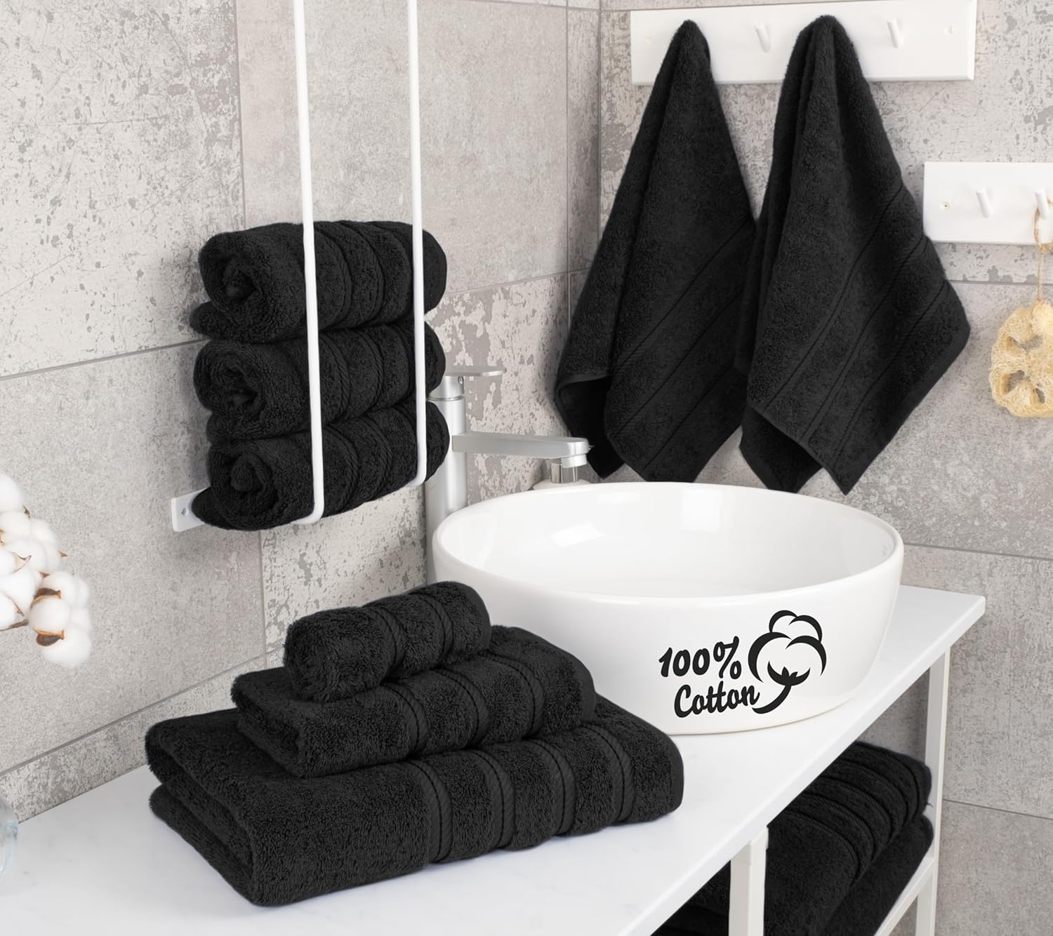 image:imageAmerican Soft Linen 100 Cotton Luxury Turkish Towels 4 PC Hand Towel Set Soft Absorbent Quick Dry OEKO Tex Standard 100 Certificated Durable Machine Washable Breathable Premium Hotel QualityBlack