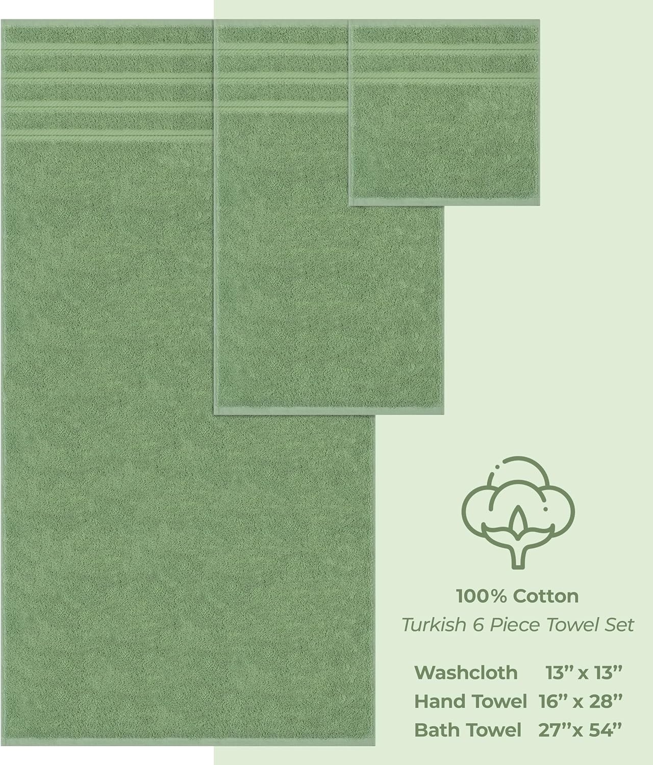 image:imageAmerican Soft Linen 100 Cotton Luxury Turkish Towels 4 PC Hand Towel Set Soft Absorbent Quick Dry OEKO Tex Standard 100 Certificated Durable Machine Washable Breathable Premium Hotel QualitySage Green