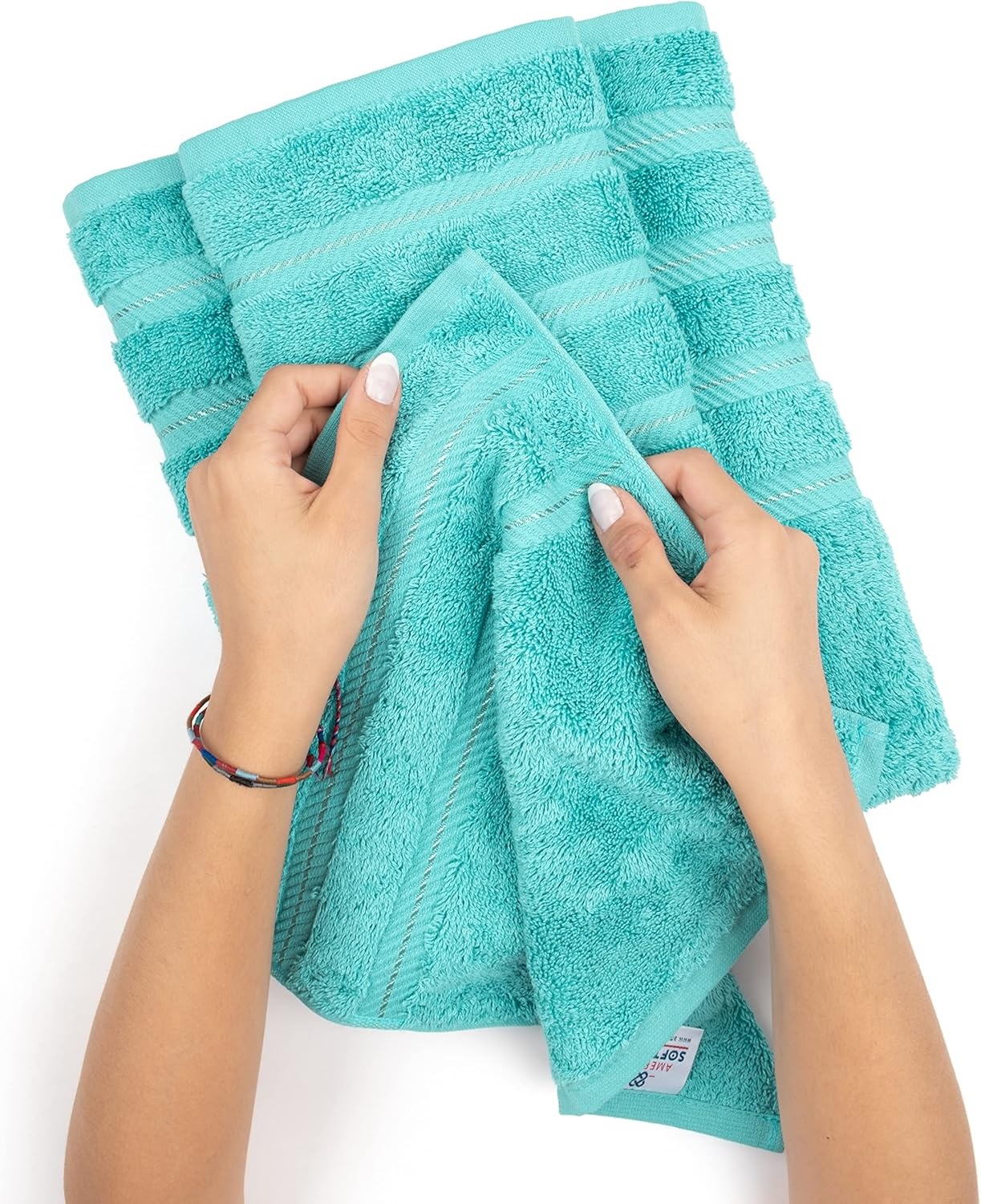 image:imageAmerican Soft Linen 100 Cotton Luxury Turkish Towels 4 PC Hand Towel Set Soft Absorbent Quick Dry OEKO Tex Standard 100 Certificated Durable Machine Washable Breathable Premium Hotel QualityTurquoise Blue