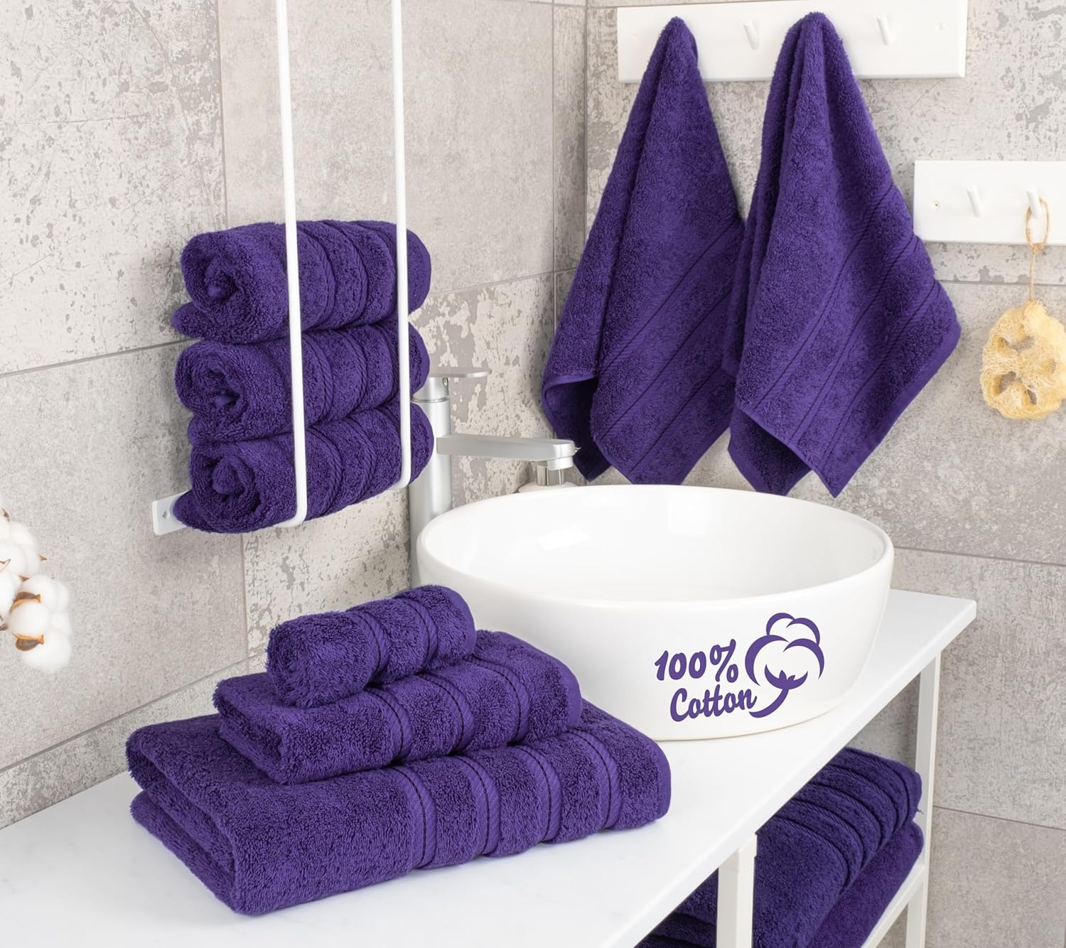 image:imageAmerican Soft Linen 100 Cotton Luxury Turkish Towels 4 PC Hand Towel Set Soft Absorbent Quick Dry OEKO Tex Standard 100 Certificated Durable Machine Washable Breathable Premium Hotel QualityViolet Purple