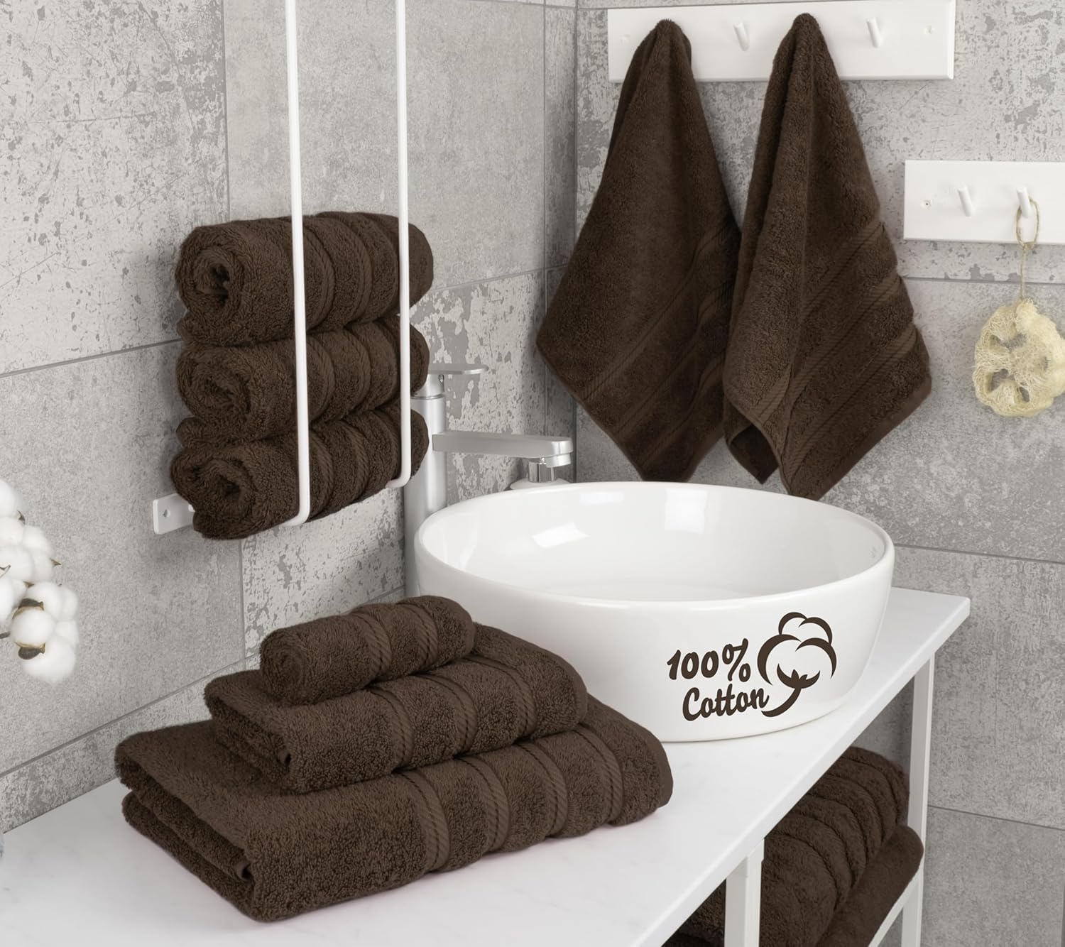 image:imageAmerican Soft Linen 100 Cotton Luxury Turkish Towels 4 PC Hand Towel Set Soft Absorbent Quick Dry OEKO Tex Standard 100 Certificated Durable Machine Washable Breathable Premium Hotel QualityChocolate Brown