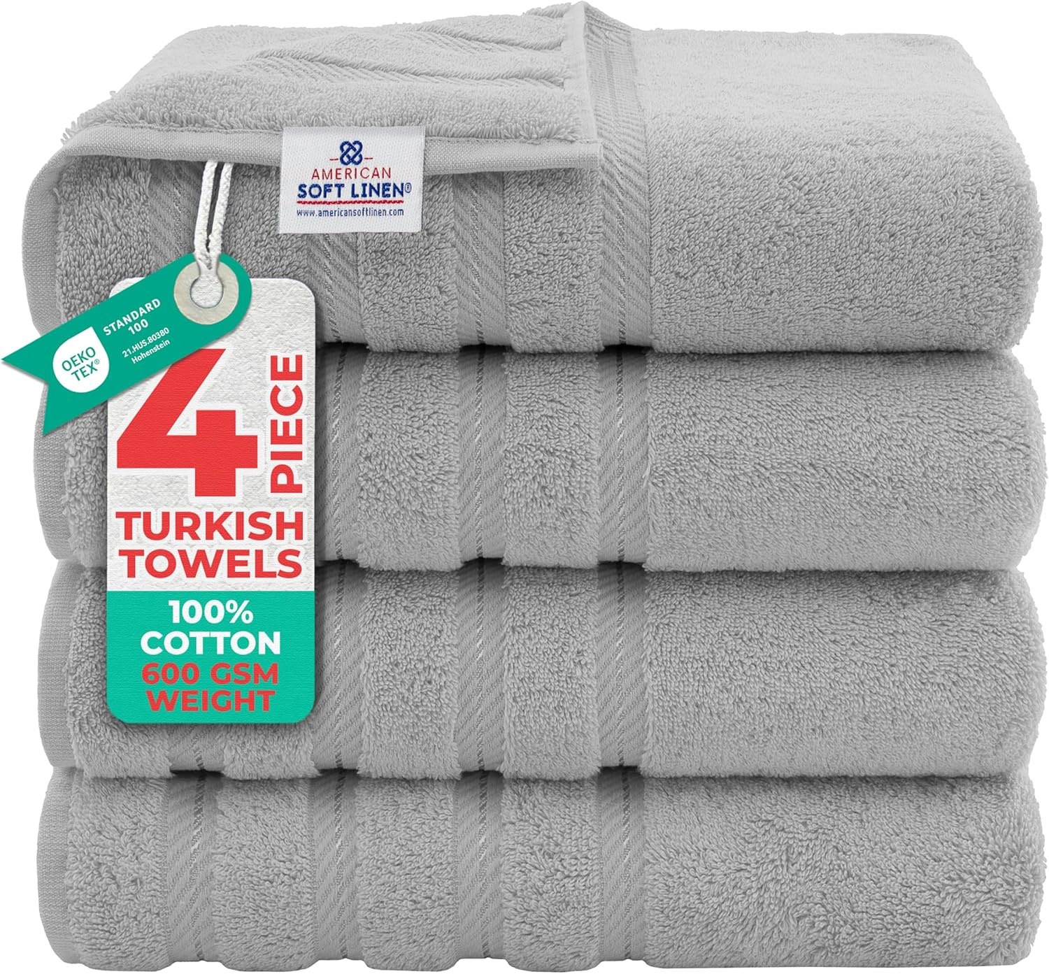 image:imageAmerican Soft Linen 100 Cotton Luxury Turkish Towels 4 PC Hand Towel Set Soft Absorbent Quick Dry OEKO Tex Standard 100 Certificated Durable Machine Washable Breathable Premium Hotel QualityLight Grey