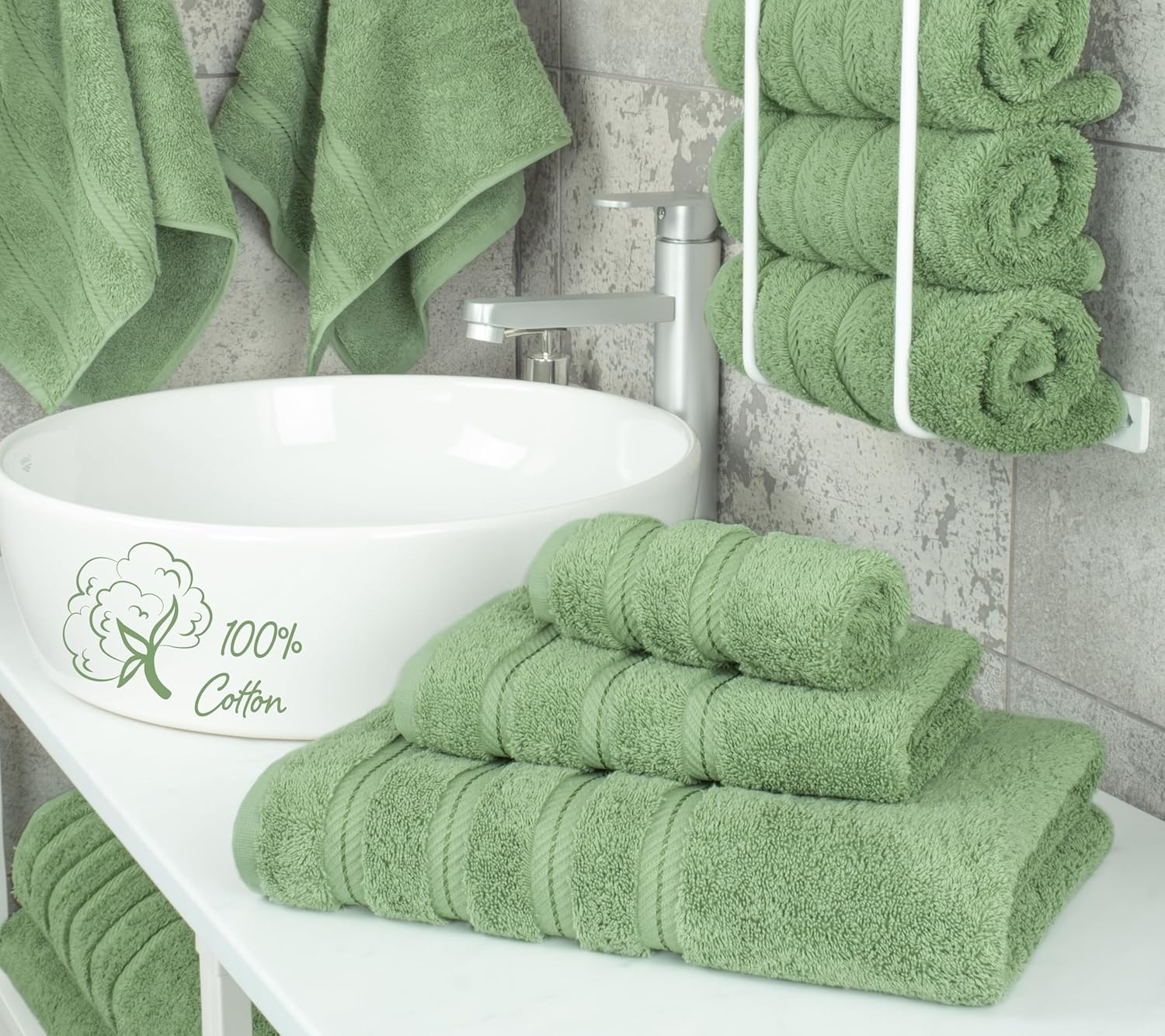 image:imageAmerican Soft Linen 100 Cotton Luxury Turkish Towels 4 PC Hand Towel Set Soft Absorbent Quick Dry OEKO Tex Standard 100 Certificated Durable Machine Washable Breathable Premium Hotel QualitySage Green
