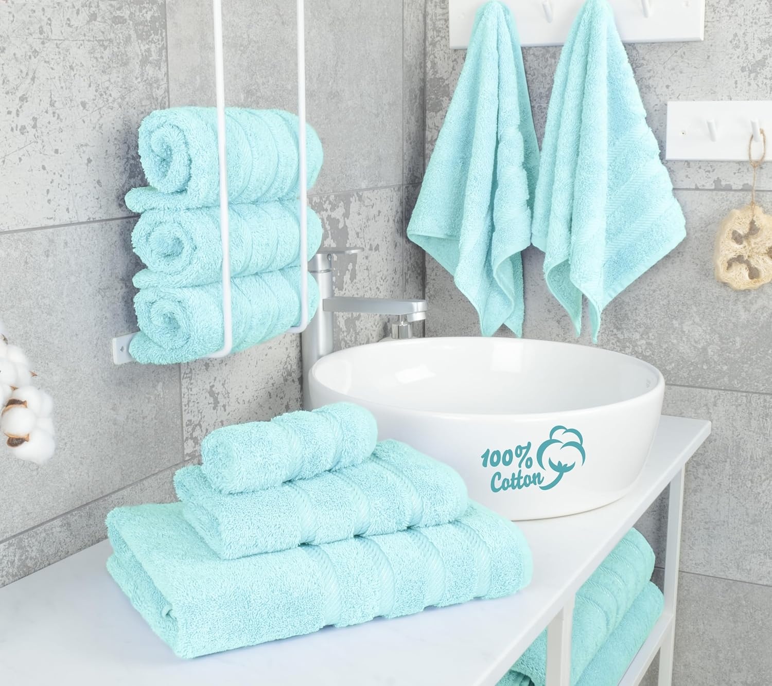 image:imageAmerican Soft Linen 100 Cotton Luxury Turkish Towels 4 PC Hand Towel Set Soft Absorbent Quick Dry OEKO Tex Standard 100 Certificated Durable Machine Washable Breathable Premium Hotel QualityDuck Egg Blue