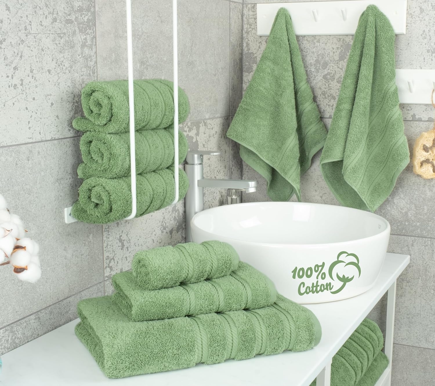 image:imageAmerican Soft Linen 100 Cotton Luxury Turkish Towels 4 PC Hand Towel Set Soft Absorbent Quick Dry OEKO Tex Standard 100 Certificated Durable Machine Washable Breathable Premium Hotel QualitySage Green