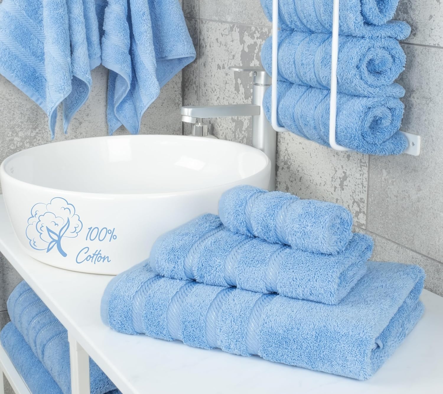 image:imageAmerican Soft Linen 100 Cotton Luxury Turkish Towels 4 PC Hand Towel Set Soft Absorbent Quick Dry OEKO Tex Standard 100 Certificated Durable Machine Washable Breathable Premium Hotel QualitySky Blue