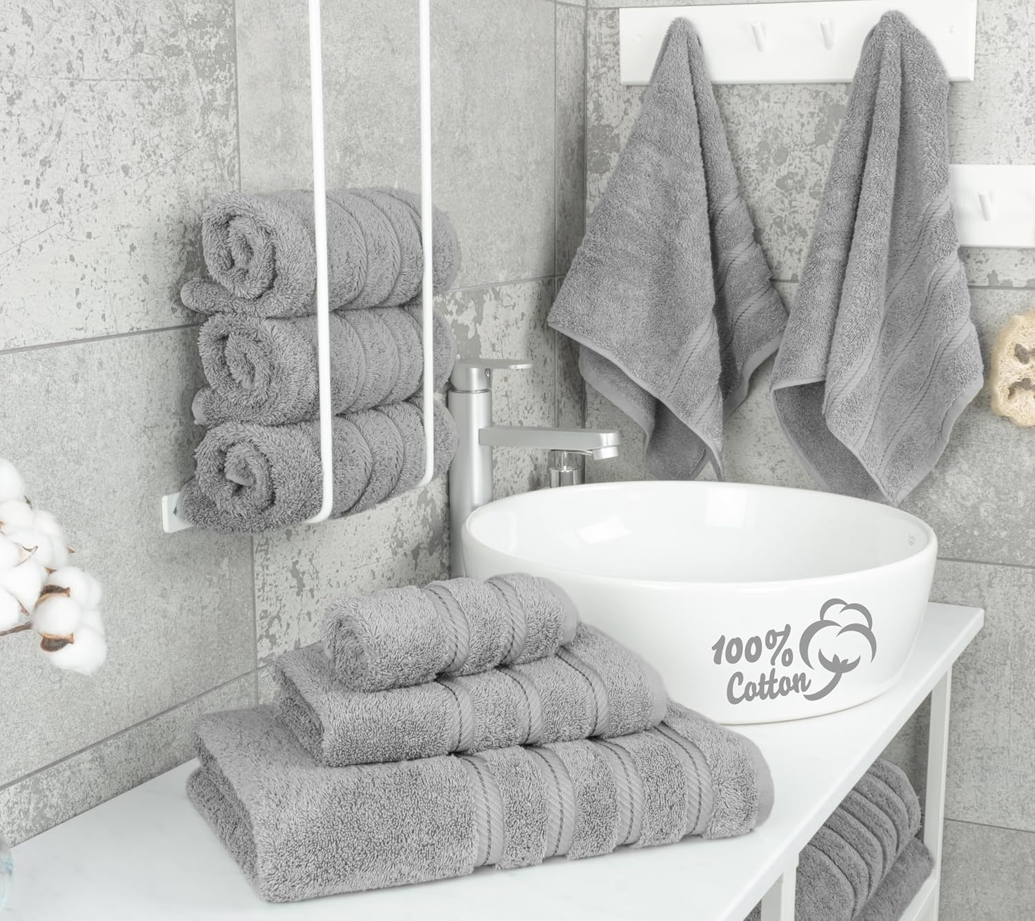 image:imageAmerican Soft Linen 100 Cotton Luxury Turkish Towels 4 PC Hand Towel Set Soft Absorbent Quick Dry OEKO Tex Standard 100 Certificated Durable Machine Washable Breathable Premium Hotel QualityLight Grey