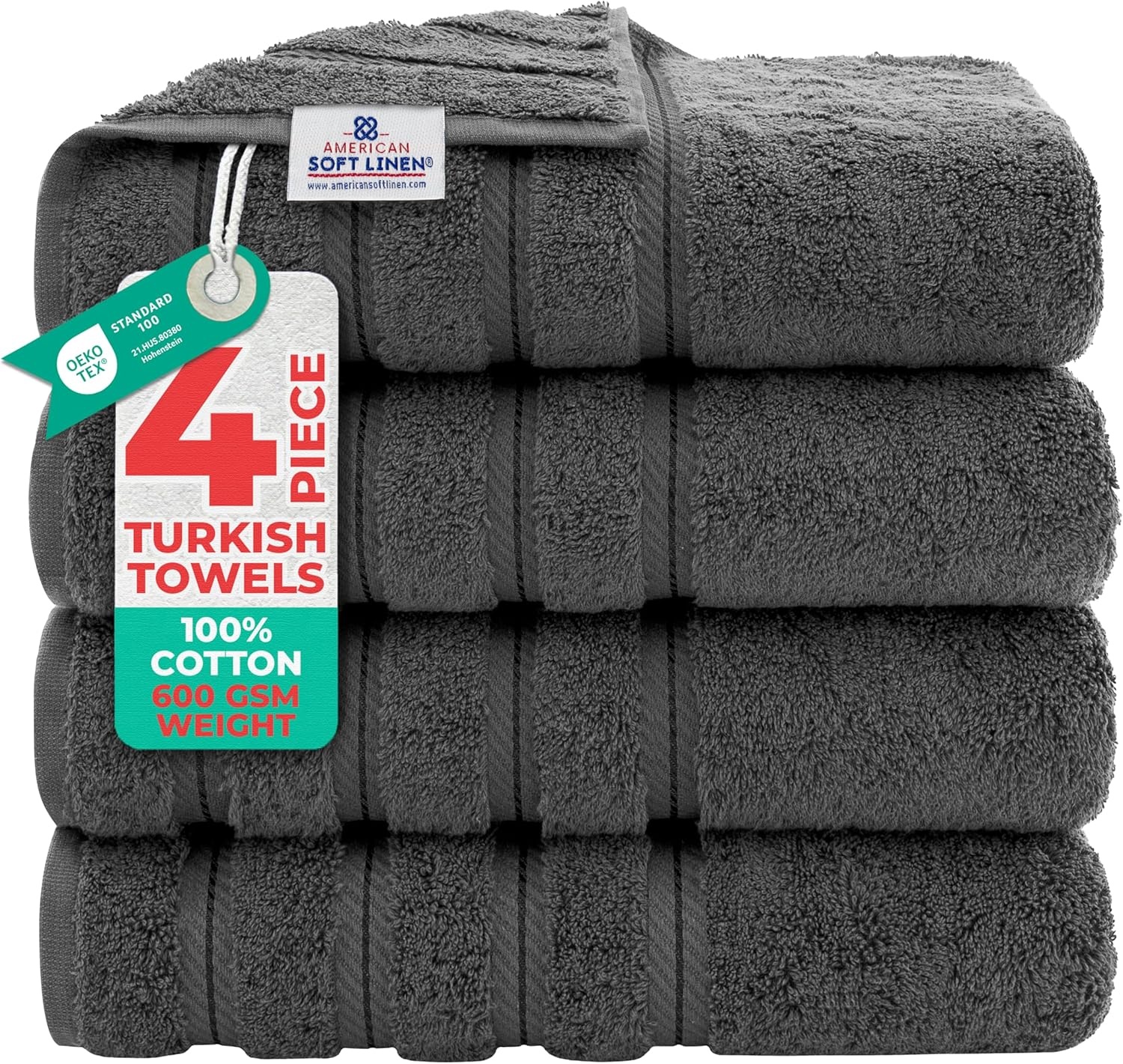 image:imageAmerican Soft Linen 100 Cotton Luxury Turkish Towels 4 PC Hand Towel Set Soft Absorbent Quick Dry OEKO Tex Standard 100 Certificated Durable Machine Washable Breathable Premium Hotel QualityDark Gray